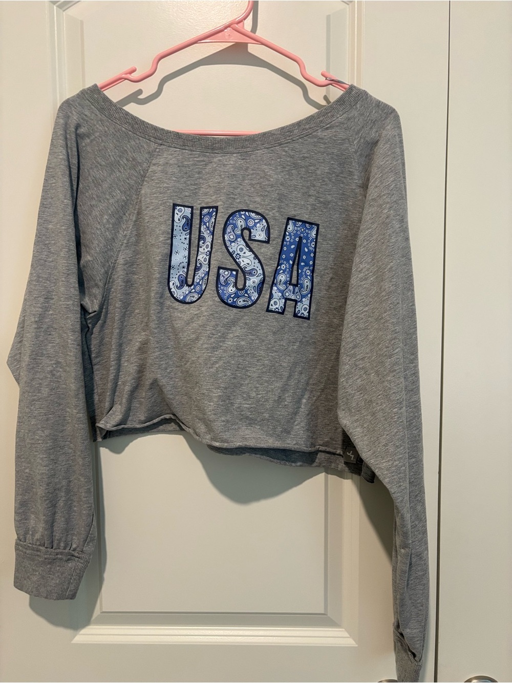 JoyLab Gray Off-the-Shoulder Cropped Sweatshirt with Blue USA Appliqué